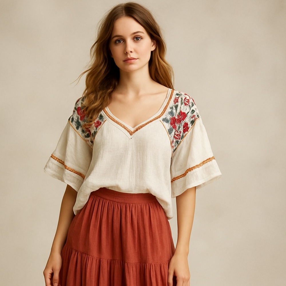 Anthro’s Pilcro & Lettrprs.,Embroidered Gauze Cotton Boho Peasant Blouse, Size S